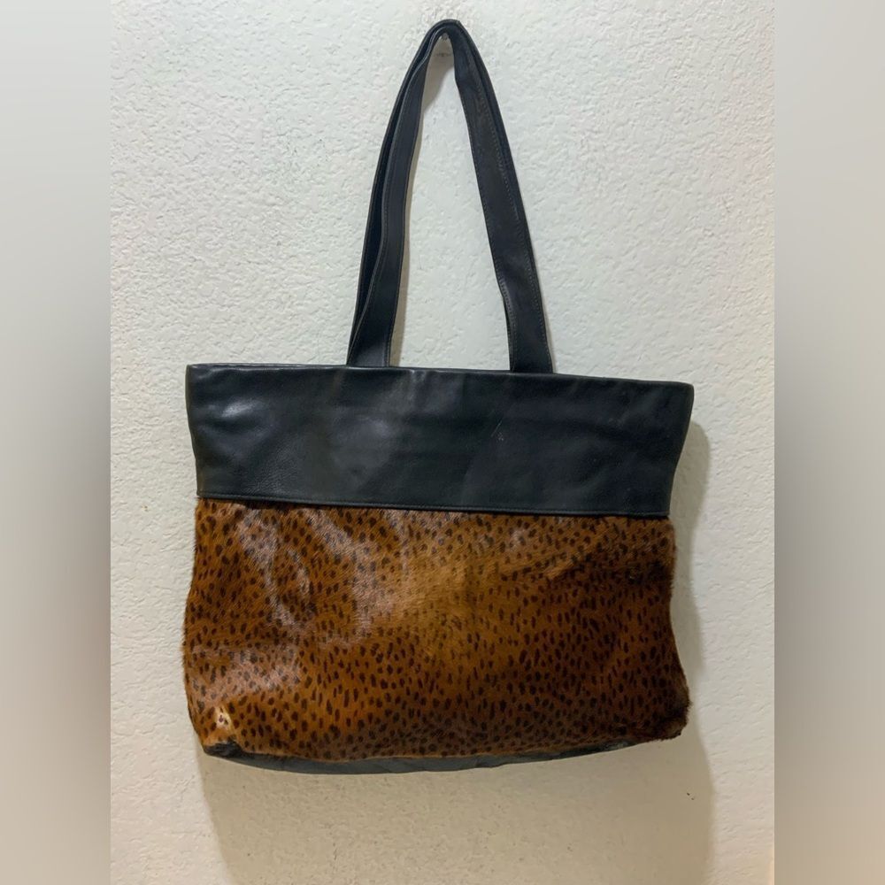 Vtg Viva Bags of California Animal Printed Hair Leather Tote Purse top zip